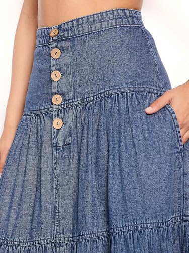 Image of Sassafras Women Washed Denim Tiered Maxi Skirt