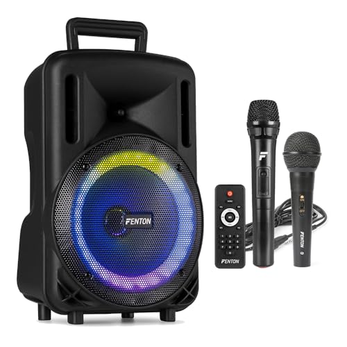 Fenton FT08LED MK2 Portable PA System Kit - 8" 300W Active Bluetooth Speaker Set with Wireless & Wired Microphones, LED Lights, USB/SD Playback & Rechargeable Battery for Karaoke and Events