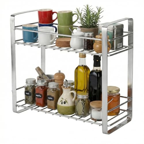 Image of TechSrmaji 2 Tier Stainless Steel Kitchen Rack | Multipurpose Storage Shelf for Kitchen & Bathroom | Rust Proof Dish Rack, Spice Organizer, Bathroom Shelf (Silver)