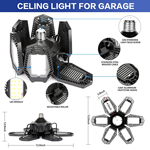 2 Pack Led Garage Lights, Deformable Led Garage Ceiling Light 160W 16000Lm 6500K Shop Lights Bulbs With 6 Adjustable Panels For Garage Workshop Basement Support E26/E27 Screw Socket #TOP4