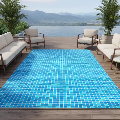 Coastal Blue Plaid Texture Outdoor Rugs 10x12 for Porch Patio