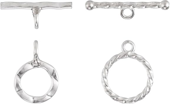 Pandahall 2Pcs 925 Sterling Silver Toggle Clasps Textured Ring Connector OT Round Buckle Closure Clasps 2 Styles for Necklace Bracelet Jewelry Making