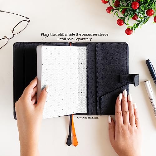 Image of NEORAH - B6 Notebook SLEEVE with SNAP Button - [ SLEEVE ONLY ]|Vegan Leather|Office Diary Holder with Penloop| 2 Front & 1 Back Pocket | 6 Card Slots |2 BookMarks - Fits any B6 Softcover - BLACK