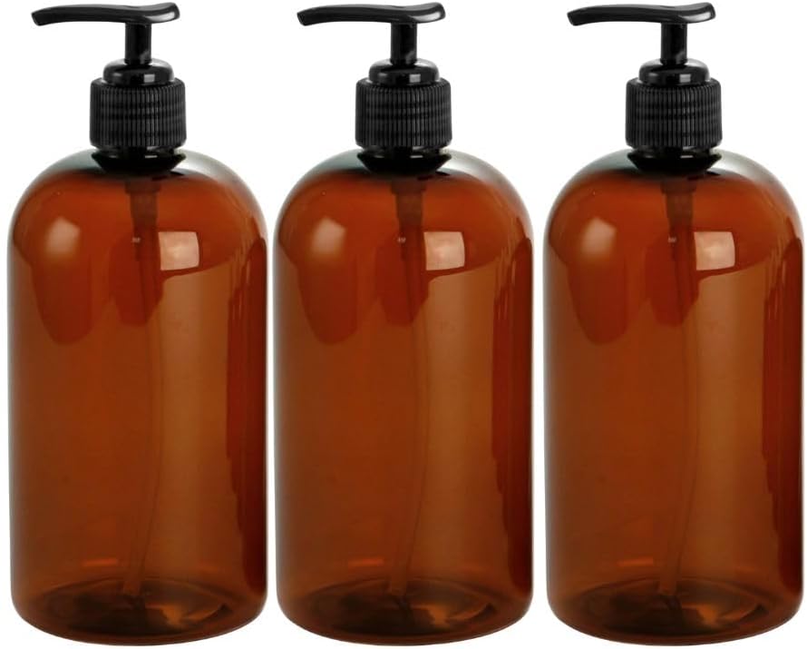 SanDaveVA Brand 16oz Plastic Bottle Amber PET Round Bottles Black Lotion Pumps 3/pk with Kraft Labels