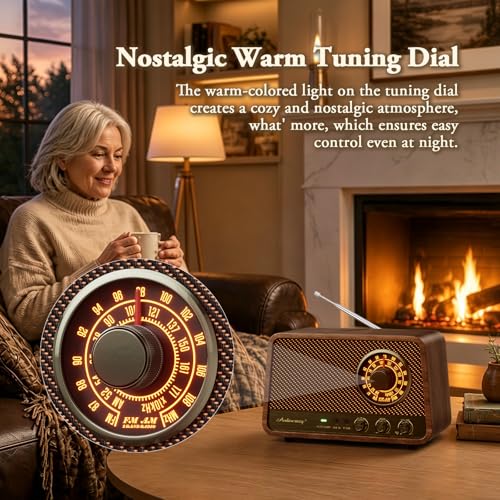 Image of Classic wooden Bluetooth FM radio with 10 watts of powerful sound, retro radio with Bluetooth speaker with amber glowing dial, bass control, Aux input, connector for