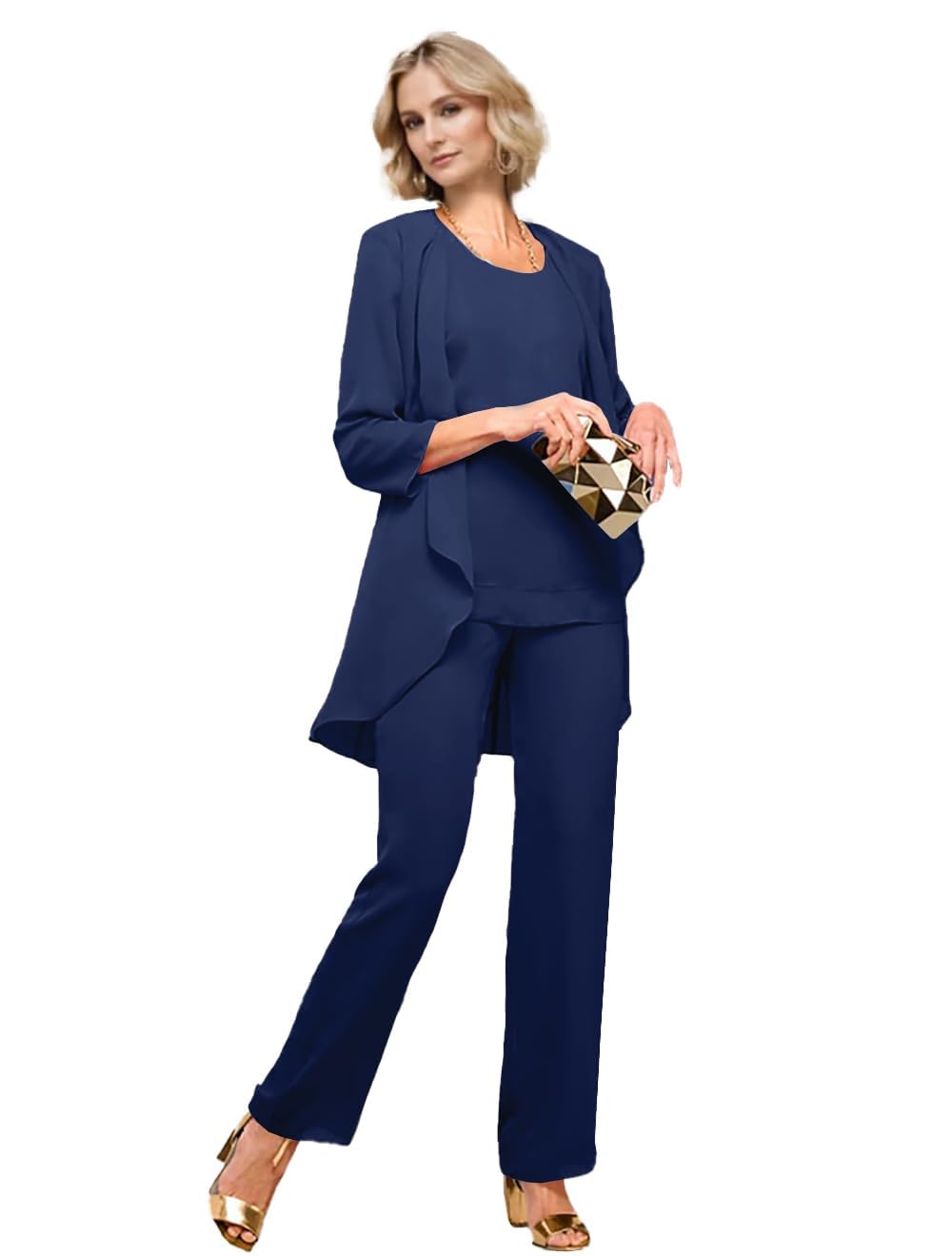 Chiffon Mother of The Bride Pant Suits for Wedding 3 Pieces Wedding Guest Outfits for Women with Jacket