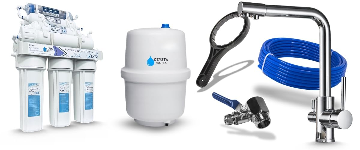Ari 3-Wege Küchenarmatur Trinkwasser Wasserhahn Chrom Schwenkauslauf Venom im Set mit 7-Stufen Umkehrosmose Wasserfilter Trinkwasseranlage RO7