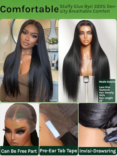 Image of KLAIYI Pre Everything Layers Yaki Straight Glueless 13x4 Lace Front Wigs Human Hair Drawstring Pre Plucked Bleached Knots Ready to Wear and Go Wigs for Women Face Framing Bang Beginner Friendly 18Inch