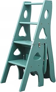 Silla de escalera plegable con 4 capas de pino duradero, diseño multifuncional para interiores, cocina, balcón, biblioteca, color verde