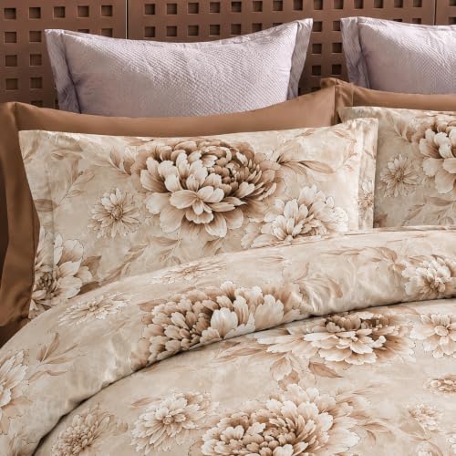 Image of DECOR2ADMIRE 300 TC Super King Size Glace Cotton Printed Bedsheet with 2 Pillow Covers - 108 inch x 108 inch (275cm x 275cm) - Available in Multiple Elegant Designs (Brown Petal Garden)