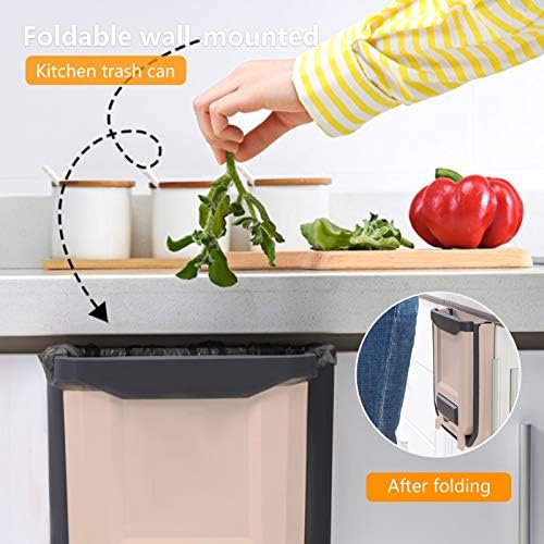 HUAPPNIO Kitchen Bin Plastic Folding Wall Mounted for Cupboard Door Hanging Trash Can 8L (Beige)