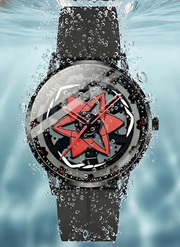 Image of Oculus Men's 3D Car Wheel Rotating Watch, Luxury Sport Quartz, Black and Red, Hollow Hub Dial, Magnetic Silicone Strap (Red Eye)
