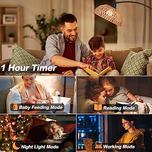 Image of Brilvibera Boho Floor Lamp with Remote Arc Tall Lamp | Bronze Floor Lamps with Stepless Dimmable Bulb, Hand-Worked Adjustable Rattan Lampshades, Brown Rattan Standing Lamp