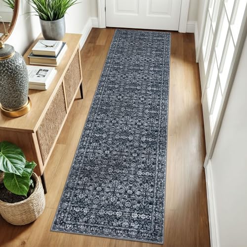 2x8 Black Washable Runner Rug for Hallways, Soft Classic Kitchen Rugs with Non-Slip, Non-Shedding Distressed Floral Carpet for Hallways Entryway Bedroom Bathroom Laundry Indoor