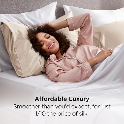 Image of Bedsure Satin Pillowcase 2 Pack Similar to Silk Pillow Cases Standard Size, Pillow Case for Sleeping Women with Envelope Closure, Gifts for Women Men, Beige, 20x26 Inches, 2pcs