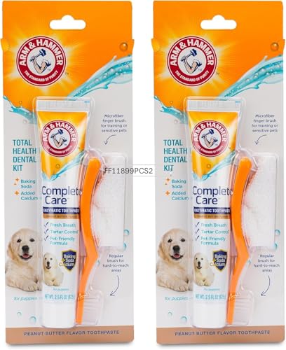 Image of Arm & Hammer Complete Care Puppy Dental Kit, Enzymatic Toothpaste with Baking Soda and Calcium for Dogs, Peanut Butter Flavor, Toothbrush and Microfiber Brush Included, Fluoride-Free, 2.5 Oz - 2 Pack