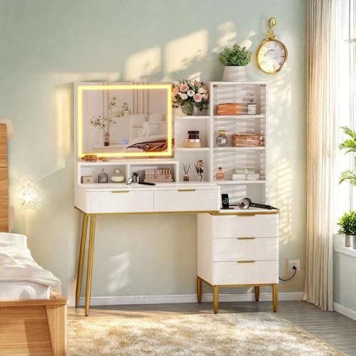 Lighted Vanity Desk with Mirror & Lights – Compact Vanity with5 Drawers ， Built-in Power Strip &...