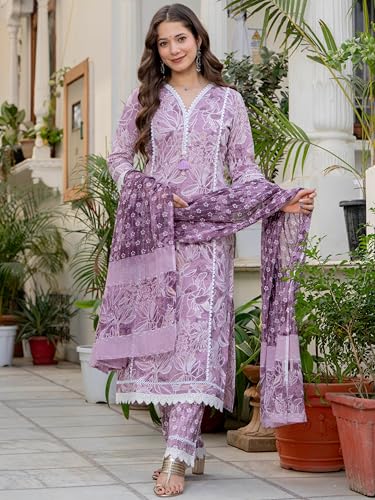Image of Amayra Women's Pure Cotton Straight Kurta Set with Palazzo Pants & Dupatta|Ethnic wear|Kurta Set for Women