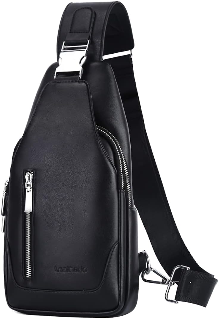 Borsa A Tracolla Uomo Leggera - Zaino Petto Moda Con Scomparto IPad 7.9", Tela Nero Per Viaggio E Quotidiano - Foto 7