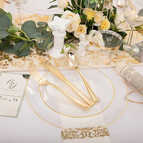 Nervure 350Pcs Clear And Gold Plastic Plates - Clear Plastic Plates With Gold Rim Include 50 Dinner Plates, 50 Dessert Plates, 150 Gold Plastic Silverware, 50 Cups, 50 Napkins For Wedding & Party #TOP2