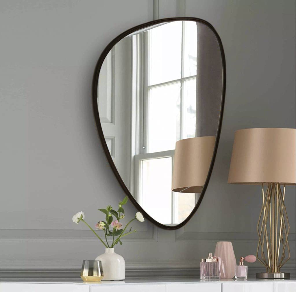 Engineered Wood Asymmetrical Octagonal Wall Mirror with Black Frame-24x17 Inch |Fancy Decorative Mirror for Bathroom, Living Room, Bedroom & Vanity |Stylish & Durable Modern Home Décor