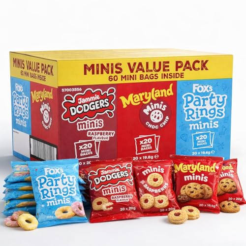 Fox Mini Biscuit Variety Pack 60 Count Jammie Dodgers Maryland Choc Chip & Party Rings Minis Individually Wrapped Snack Packs Kids Lunchbox Party & Bulk Biscuits UK
