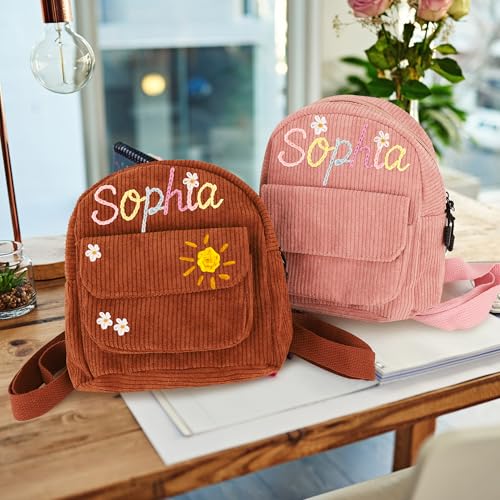 Pekdi Personalized Mini Backpack with Embroidered Name Corduroy Backpack Monogram Book Bag with Hand Embroidery Pattern Lightweight Daypack Casual Travel Bag for Sports Dance Gym3