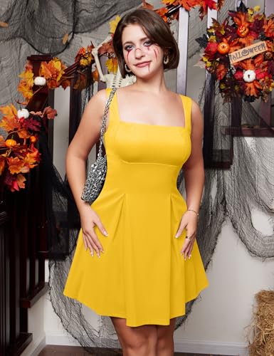 Image of YMDUCH Women's Sexy Sleeveless Square Neck Adjustable Straps Bow Tie A-line Mini Party Club Dress