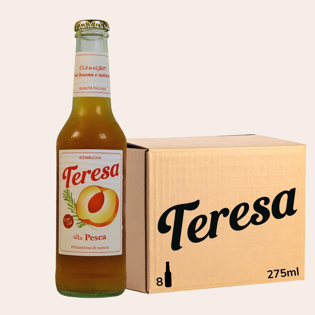 Teresa alla Pesca | Thè kombucha analcolico, naturale con postbiotici. Bevanda low calorie, low sugar e vegana. Confezione 8 bottiglie x 275ml.
