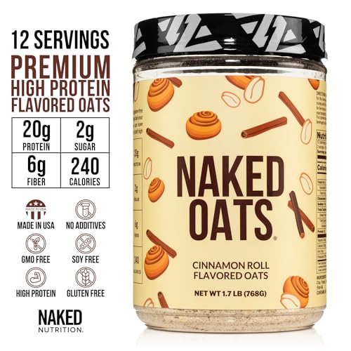 Naked Oats - Cinnamon Overnight Oats, 20g Whey Protein, Gluten-Free Oatmeal Instant Breakfast or Shake, High Protein Oatmeal, High Fiber Breakfast Shake, Non GMO, No Soy - 12 Servings