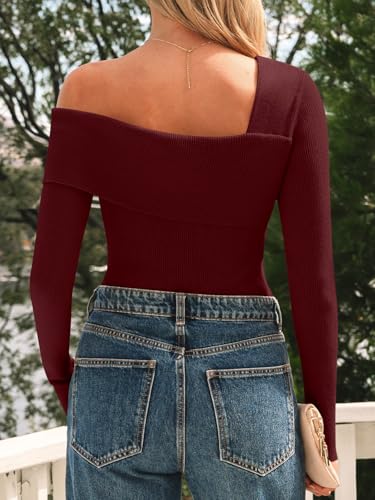 Image of LILLUSORY Womens Off the Shoulder Sweaters Going Out Fall Top | Flattering Ribbed Knit Bodycon Pullover for Date Night,Chic Asymmetric Neckline,Stretchy Holiday Party Clubwear Clothes