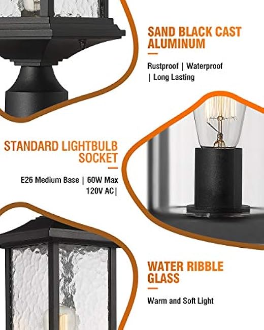 Beionxii Dusk to Dawn Outdoor Post Lights, 21inch Large Exterior Lamp Post Light Pier Mount Lantern with Base, Black Cast Aluminum w/Water Glass - A272P-2PK (NOT Solar, 110-120V AC)