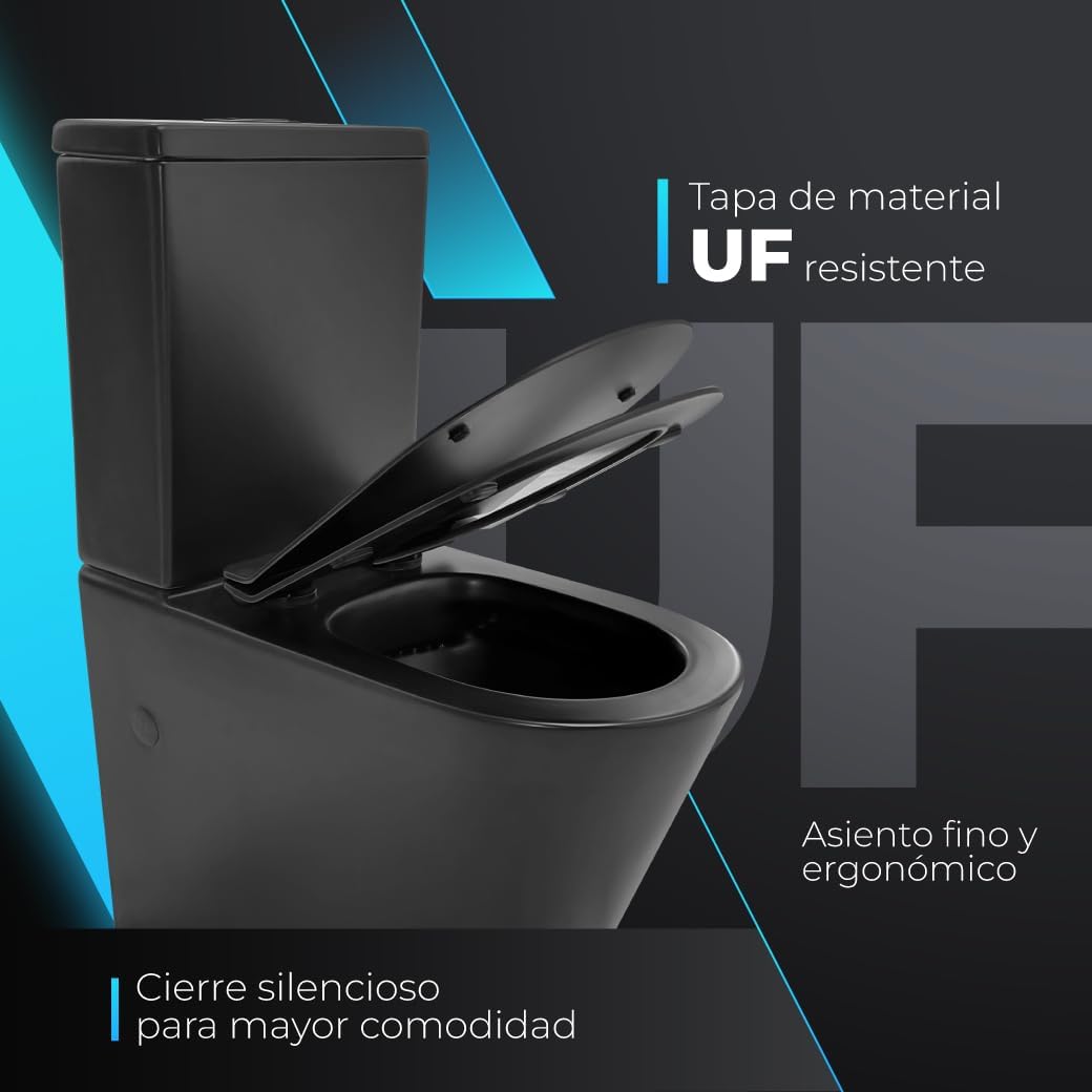 BAÑO MODERNO Inodoro Completo - WC Con Sistema Rimless Antibacterias - Vater Con Tapa Dura Extrafina Amortiguada - Salida Dual - Para Hogar Color Negro - Retrete