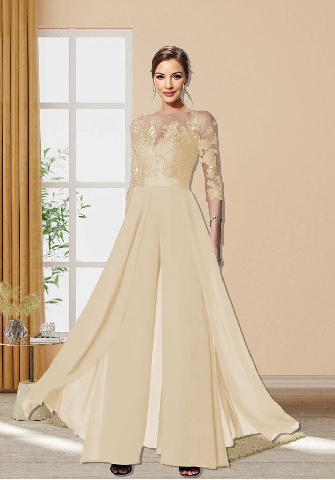 Chiffon Mother of The Bride Pant Suits - Lace Appliques Short Sleeves Wedding Formal Jumpsuits - Image 8