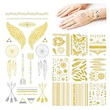 Lot de 10 feuilles de tatouages temporaires à coller, dorés, paillettes, tatouages adhésifs pour adultes et femmes, tatouages métalliques, bohème, tatouages pour le visage à paillettes, festival, fête
