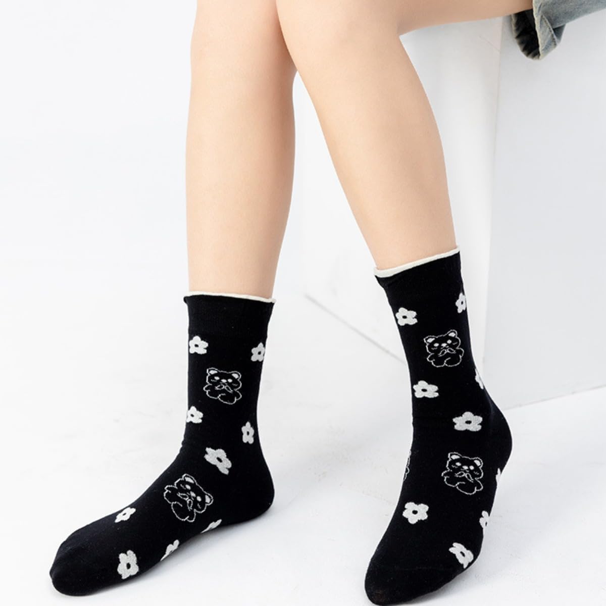 Flower Socks Women 5 Pairs Cute Retro Preppy High Ankle Cotton Sock Stripe Plaid Bow Socks - Image 5