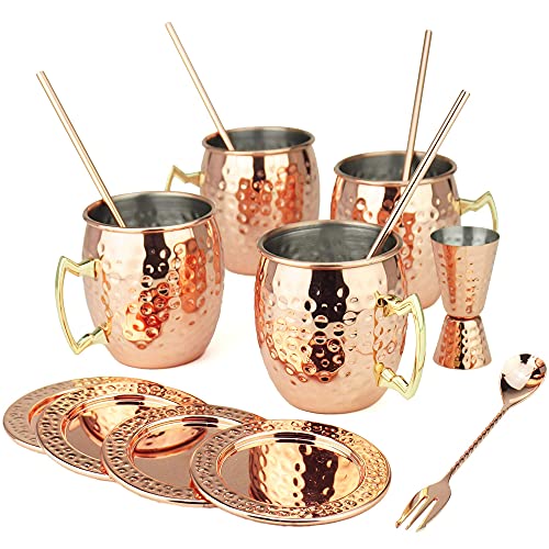 Pg Moscow Mule/Cocktail Bar Set, 15-Pc Copper/Rose Gold Color, High Grade Ss, W/4X Moscow Mule Mugs, 4X Straws W/Cleaner, 4X Real Stainless Coasters, 1X Double-Jigger 1X Double-Head Stirrer #TOP15