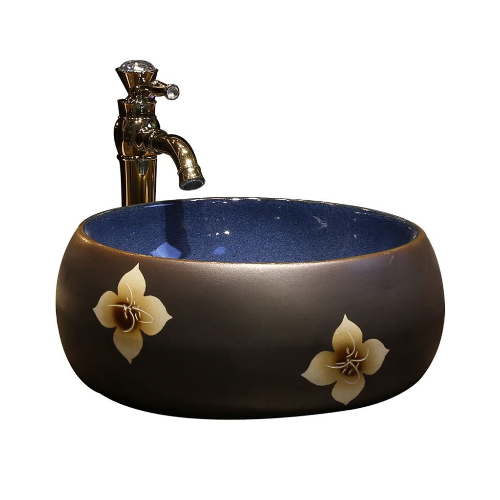Teesong A Bathroom Sink Countertop Bathroom Vessel Sink Flower Pattern Ceramic Washbasin Vintage Rt Countertop Basin Vanity With Faucet Counter Basin