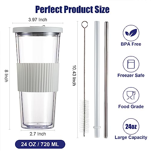Eleattrun 2 Pack Boba Cup 24 Oz Iced Coffee Cup Reusable Coffee Cup With Lid And Straw Clear Plastic Boba Cup Leakproof Double Wall Smoothie Cup Travel Coffee Cup Ice Coffee Cup (24Oz, Black + Gray) #TOP4