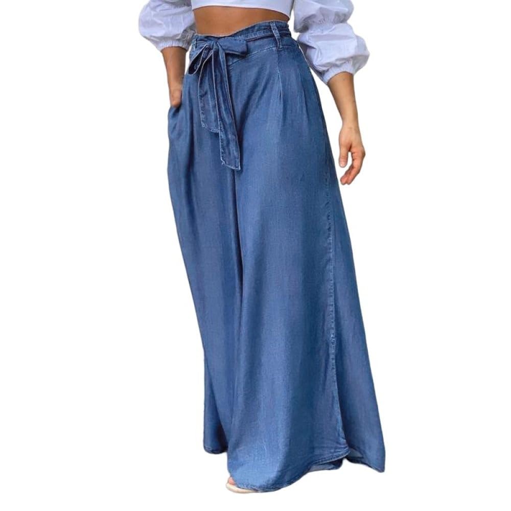Weite Hose Damen, Denim-Culottes-Hose Hose Mit Weitem Bein Übergröße Schleife Hohe Taille Palazzo-Hose Elegante Lockere Leichte Sommerhose Modische Fließende Strandhose Oceanside-Hose Hellblau S