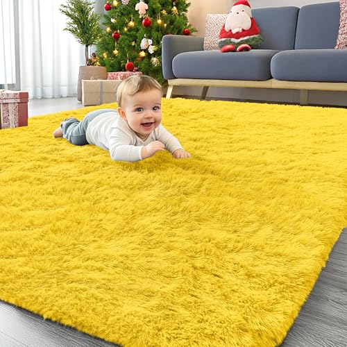 OLANLY Area Rugs for Living Room Bedroom, Machine Washable 4x5.9 ft Soft Fluffy Shaggy Bedside Rug, Indoor Floor Carpet for Kids Girls and Boys, Dorms, Nursery Rooms, Home Decor Aesthetic, Yellow