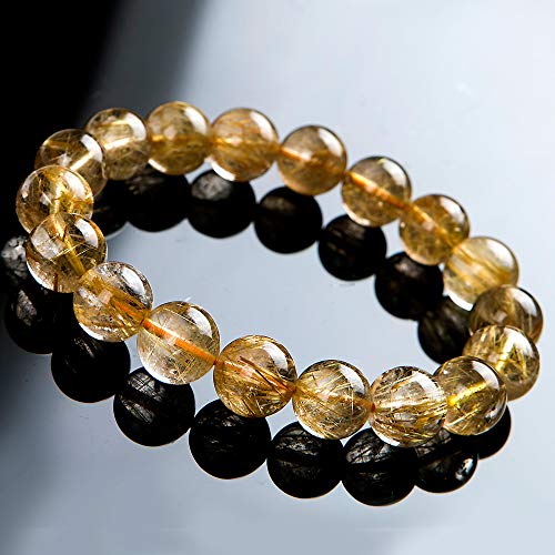 Natural Gold Yellow Rutilated Quartz Crystal Round Bead Bracelet 12mm AAAA3