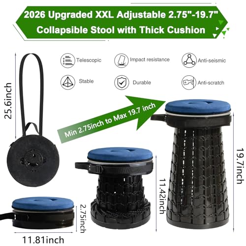 Image of 2026 Upgraded XXL Collapsible Stool with Thick Cushion,19.7 inchH-11.8 inchD Telescoping Folding Stool for Adults, More Sturdy Camping Stools with Load Capacity 1000lbs for Outdoor,Garden,Fishing,Hiking