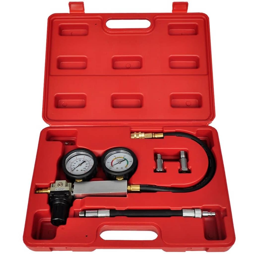 Mangloder - Kit di rilevatore di perdite per cilindri e motori, strumento diagnostico con manometro, adattatore, tubo, valigetta robusta, adatto per motori a benzina, officina, riparazione