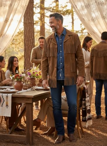 Image of Men's Suede Fringe Jacket Western Cowboy Style Genuine Leather Coat with Button Closure, Black Brown Cognac