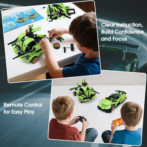 Image of IQKidz STEM Building Blocks Kit for Kids - 2 in 1 Remote Control Race Car and Robot Toy, Great Gift for Boys, Teens Age 6 7 8-12+ Year Old Who Love Engineering and RC Sports Car Toys