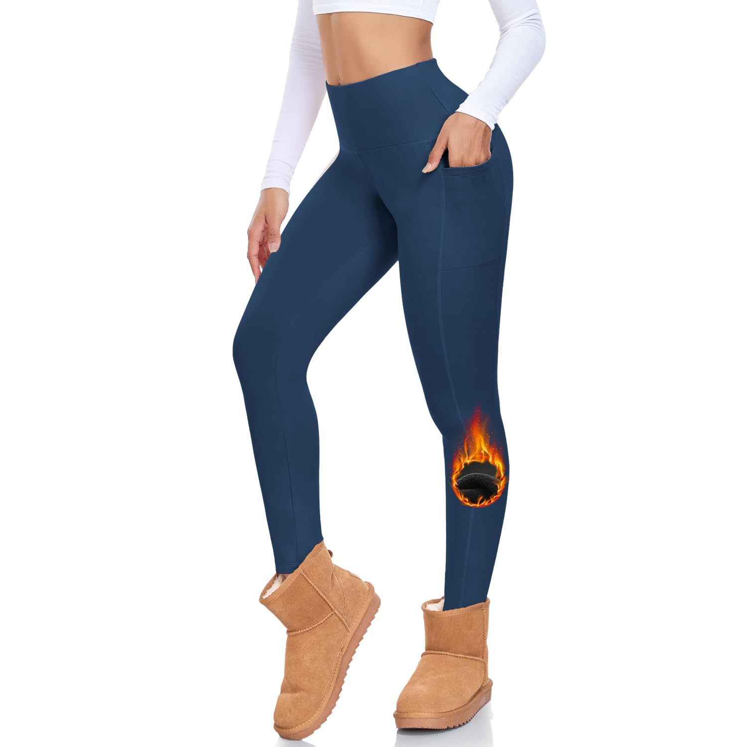 MOREFEEL Fleece Lined Leggings with Pockets for Women High Waisted Thermal Winter Tummy Control Yoga Pants Workout Tights