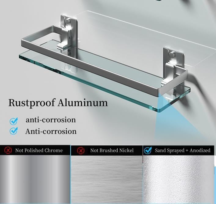 Miniatura 5 de Paquete de 3 estantes de vidrio de baño, vidrio templado de aluminio de 0.34 pulgadas, extra grueso, 1 nivel, organizador de almacenamiento de 1