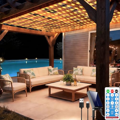 10ft x 10ft Solar Net Lights 280LED Gazebo Mesh Lights Solar & USB Powered Waterproof Netting Lights 8 Modes Clear Wire for Bushes Patio Garden Christmas Holiday Party Outdoor Decor (Warm White)