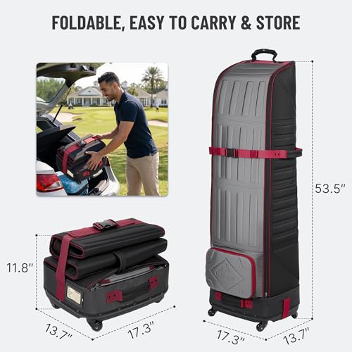 Image of Golf Travel Bag Foldable, 1680D Oxford Fabric Padded Protect Golf Clubs | Molded Storage Pocket Durable Hard Base with 6 Wheels Travel Golf Case for Airlines Easy to Maneuver